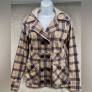 Billabong Hooded Pea Coat  Style Jacket Women’s Size Small  Blue/Orange Plaid